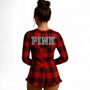 PINK Victoria's Secret Shorts Romper Pajamas Red Black Buffalo Check Henley S